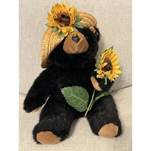 Aurora Black Plush Bear With Sunflowers Straw Hat And Honey 1992